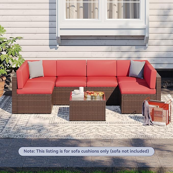 Aoxun Outdoor Replacement Cushions for Patio Furniture, Waterproof Sofa Cushion for 6-Seat Rattan Wicker Sectional Patio Conversation Sets, 14-Piece Cushions Set for L-Shape Couch, Wine