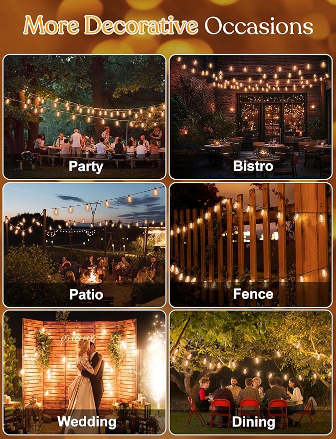 GHUSTAR 50FT LED Outdoor String Llights (NOT Solar) – Patio Lights Outdoor Waterproof for Outside – 2700K Vintage Edison Bulb String Light – Shatterproof Hanging Light for Cafe Porch Deck