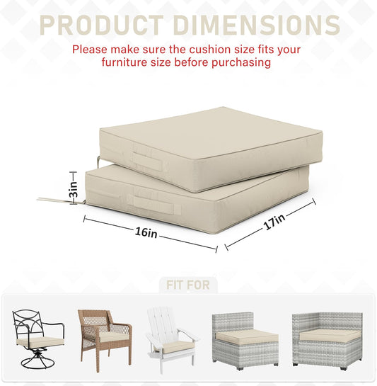 Patio Chair Cushions 17 X 16 X 3 Inch Waterproof Outdoor Seat Cushions for Patio Furniture, Outdoor Sofa Couch Pads with Ties & Handle, Set of 2, Cream