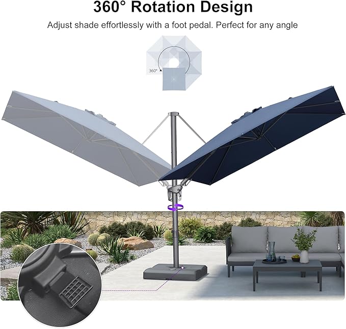 PURPLE LEAF 8' X 8' Left-right Tilting Outdoor Patio Umbrella Swivel Offset Cantilever Heavy Duty Rectangle Aluminum Umbrella with UV Resistant for Deck Pool Patio Backyard, Ocean Slate