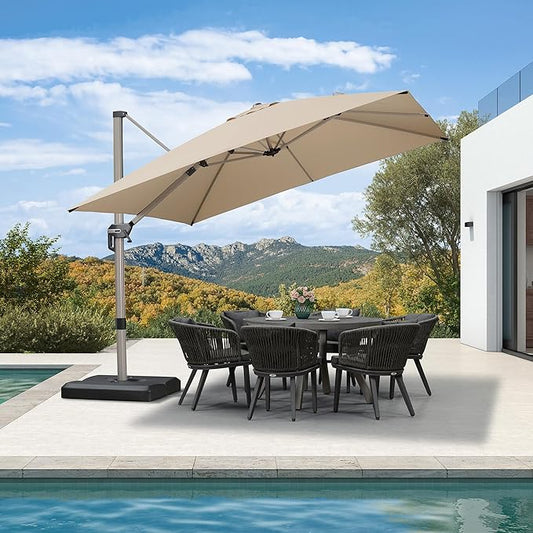 PURPLE LEAF 10' X 10' Patio Umbrella Outdoor Cantilever Umbrella, Aluminum Offset Umbrella with Champagne Frame and 360° Rotation for Pool Deck Garden, Beige