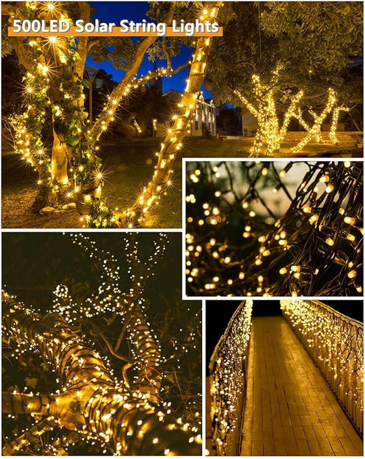 Upgrade 2Pack 500LED Solar String Lights for Outside, 180FT Solar Christmas String Lights Outdoor with 8 Modes, IP65 Waterproof Outdoor Twinkle Light, Garden Xmas Tree Christmas Decoration, Warm White