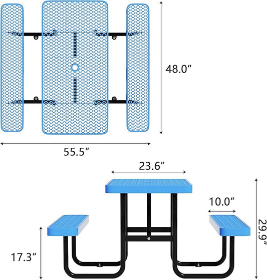 48'' Rectangular Steel Picnic Table for Outdoors,Commercial Metal Picnic Table Bench Set with Umbrella Hole,School Canteen Table W/Seats - Heavy Duty Sturdy Picnic Tables Furniture for Patio Garden