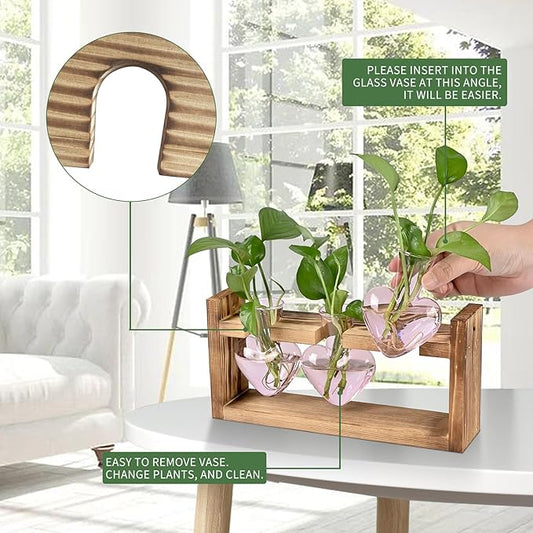 Plant Terrarium Propagation Stations Hydroponics Home Garden Decoration Gift for Women with Wooden Stand Heart Shaped Colored Glass Vase