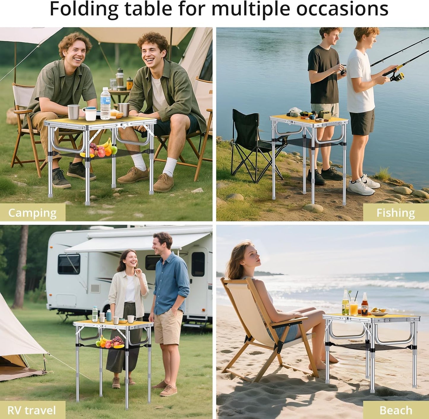 2ft Camping Table Foldable, 3 Adjustable Heights High 27.5" Aluminum Small Folding Table with Carrying Handle, Portable, for Outdoor Indoor Picnic Beach BBQ Party Travel, 24" x 16", Yellow