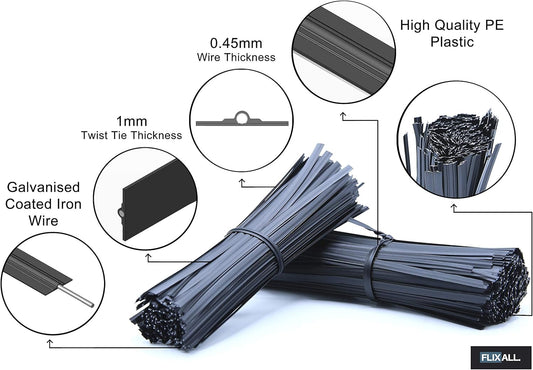 5 inches Twist Ties Pack of 250 - Premium Quality Reusable Black Plastic Coated Ties for Household and Office use