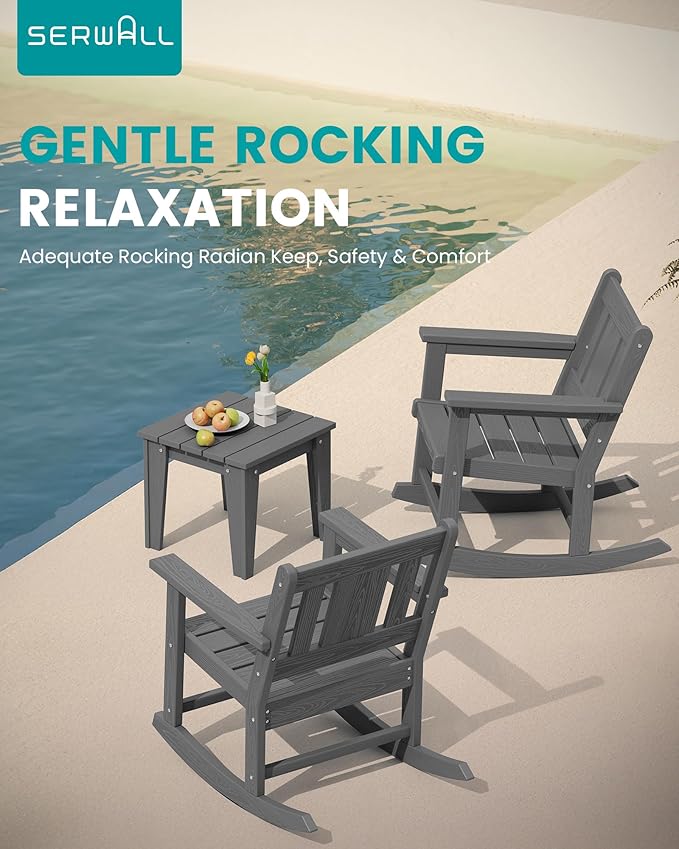 SERWALL 3 Piece Rocking Bistro Set, Patio Furniture Set with 2 Outdoor Rocking Chairs and 1 Side Table for Backyard,Porch, Poolside, Balcony, and Garden- Grey