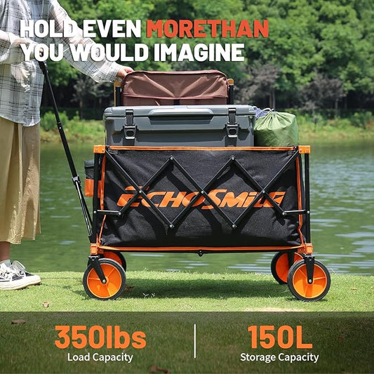EchoSmile Collapsible Foldable Wagon Cart with 350lbs Weight Capacity, Heavy Duty Folding Utility Sport Wagon with Removeble Wheels for Camping,Grocery,Garden,Beach,Orange&Black