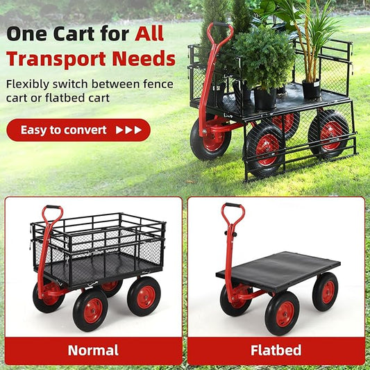 GarveeLife Steel Garden Cart 1400 LBS Capacity, Heavy Duty Steel Utility Wagon with Removable Sides, 2 in-1 Handle and 16 in Tires, Utility Metal Wagon Perfect for Garden, Farm, Yard