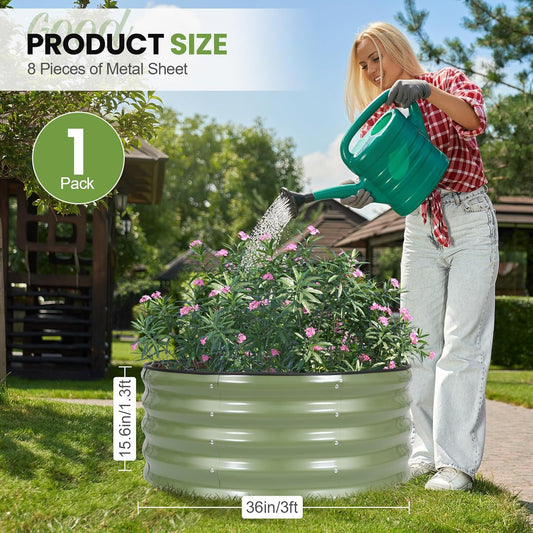 G GOOD GAIN Round Raised Garden Bed - 1Pcs 3x3x1.4ft Galvanized Steel Planter Boxes Outdoor with Rubber Edge Trim | Metal Raised Beds for Gardening Vegetables Flowers Fruits Herbs (Olive Green)