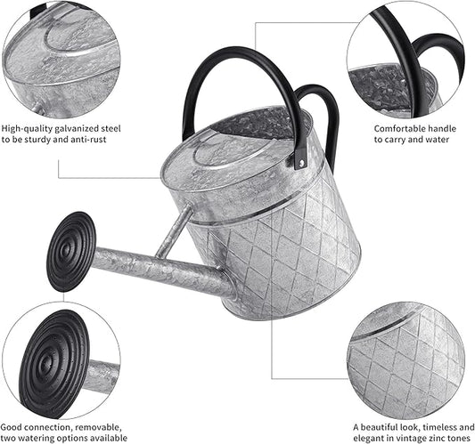 1.75 Gallon Outdoor Galvanized Metal Watering Can for Garden Plants, Vintage Zinc Watering Can with Removable Spray Spout, Ideal for Outdoor Use (Silver)