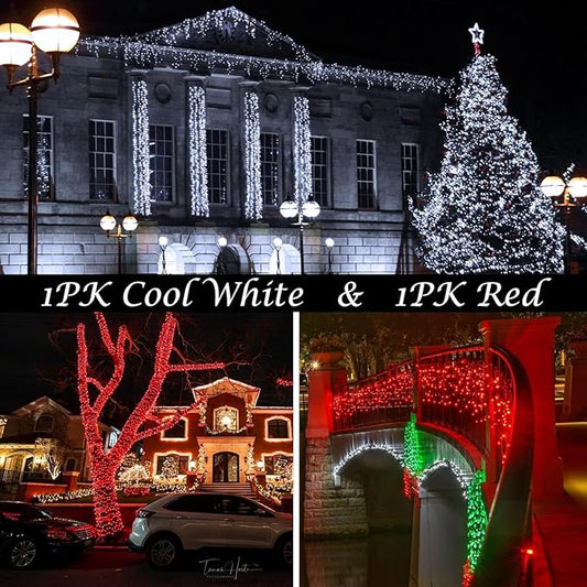 Solar Christmas String Lights Outdoor Waterproof 2PK 500LED 180FT Twinkle Lights, IP65 Waterproof Solar Powered LED Fairy Light with 8 Modes for Christmas Tree Wedding Garden Decoration, Red & White