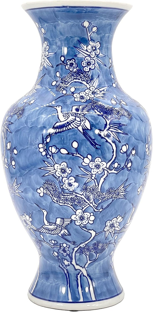 Galt International White & Blue Floral Crane Chinoiserie Ceramic Vase 14" - Hand Painted Antique Style Porcelain Bird & Flower Bottle Fishtail Porcelain Chinese Vase for Home Decor Centerpiece