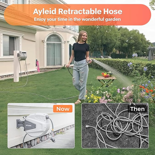 Ayleid Retractable Garden Hose Reel,1/2 in x 100 ft Wall Mounted Hose Reel, with 9- Function Sprayer Nozzle, Any Length Lock/Slow Return System/Wall Mounted/180°Swivel Bracket (Grey)