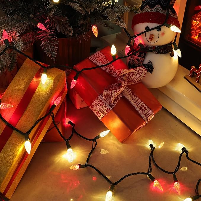Brizled Red & Warm White Christmas Lights, 33ft 100 LED Faceted C5 Christmas String Lights, 120V UL Certified Xmas Tree Light Connectable White Xmas Light Indoor Outdoor for Home Tree Holiday Patio