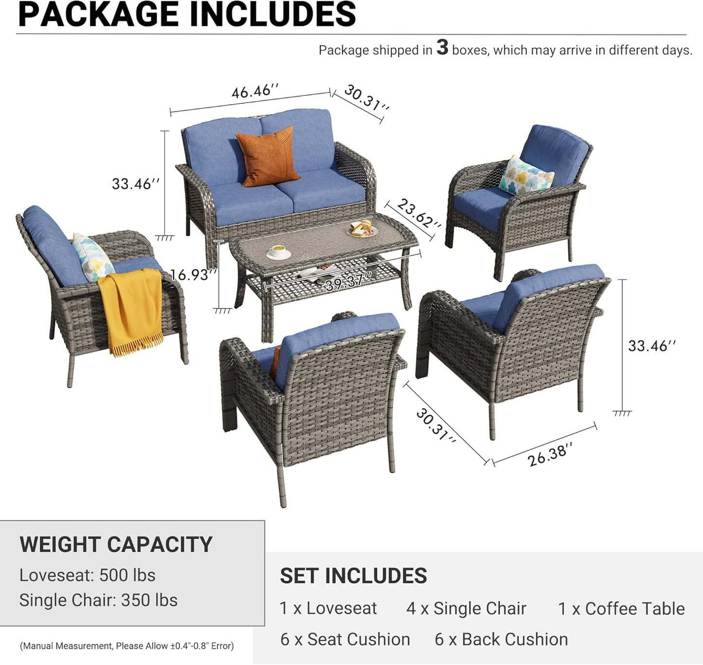 HOOOWOOO Patio Furniture Set,6 Pieces Outdoor Conversation Set,All Weather Wicker Loveseat Sofa Set with High Back Chairs Table,Denim Blue