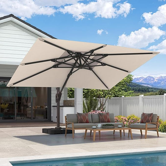 9x12 FT Cantilever Patio Umbrella Double Top Outdoor Rectangular Large Heavy Duty Aluminum Offset Umbrellas with 7 Level Tilt 360-degree Rotation for Pool Garden Deck, Beige