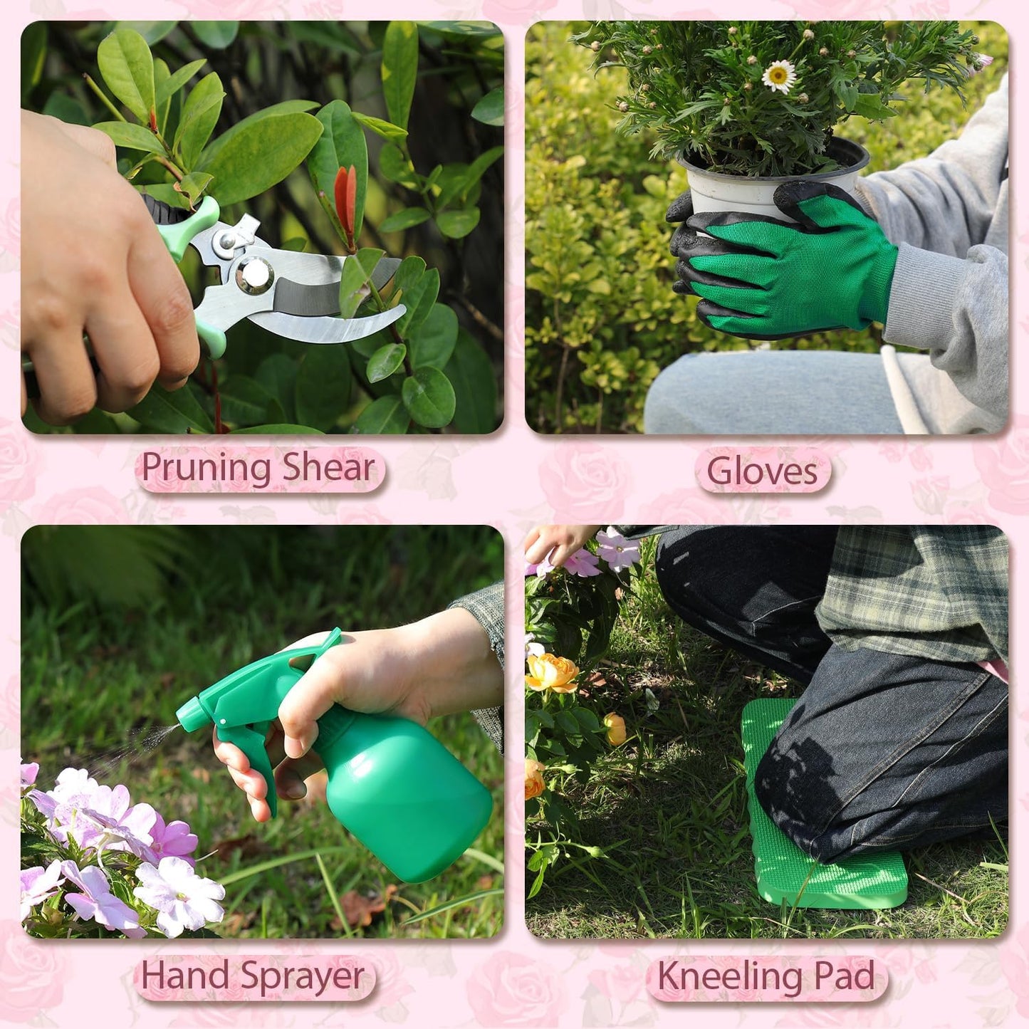 LeMotech Garden Tools Set, 10-Piece Heavy Duty Garden Hand Tools Kit with Wooden Handle, Durable Organizer Bag for Garden Supplies, Gardening Gifts for Women Grandmother, Pink Floral Pattern