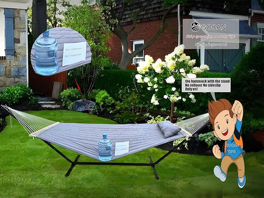 Quilted Fabric Double Hammock Won't flip with Stand and Spreader Bars,Safer and Sturdier,Quality Hammocks for Outdoor Indoor Patio Yard Two Sided Dual use Deep Grey