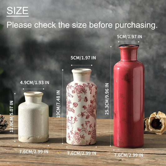 Vintage Vase Set of 3, Ceramic Vintage Flower Vases, Chinoiserie Decorative Home Decor Retro Floral Vase Rustic Farmhouse Decor for Table Bookshelf Mantel Kitchen Living Room Office - Red and White