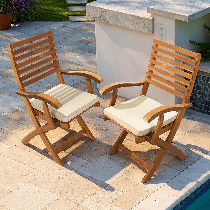 IDZO, Percy Chairs Heavy Duty 400lbs Capacity Set of 2 w/Cushion, FSC Acacia Outdoor Furniture, Teak Finish, Fully Assembled, Wood Folding_Beige