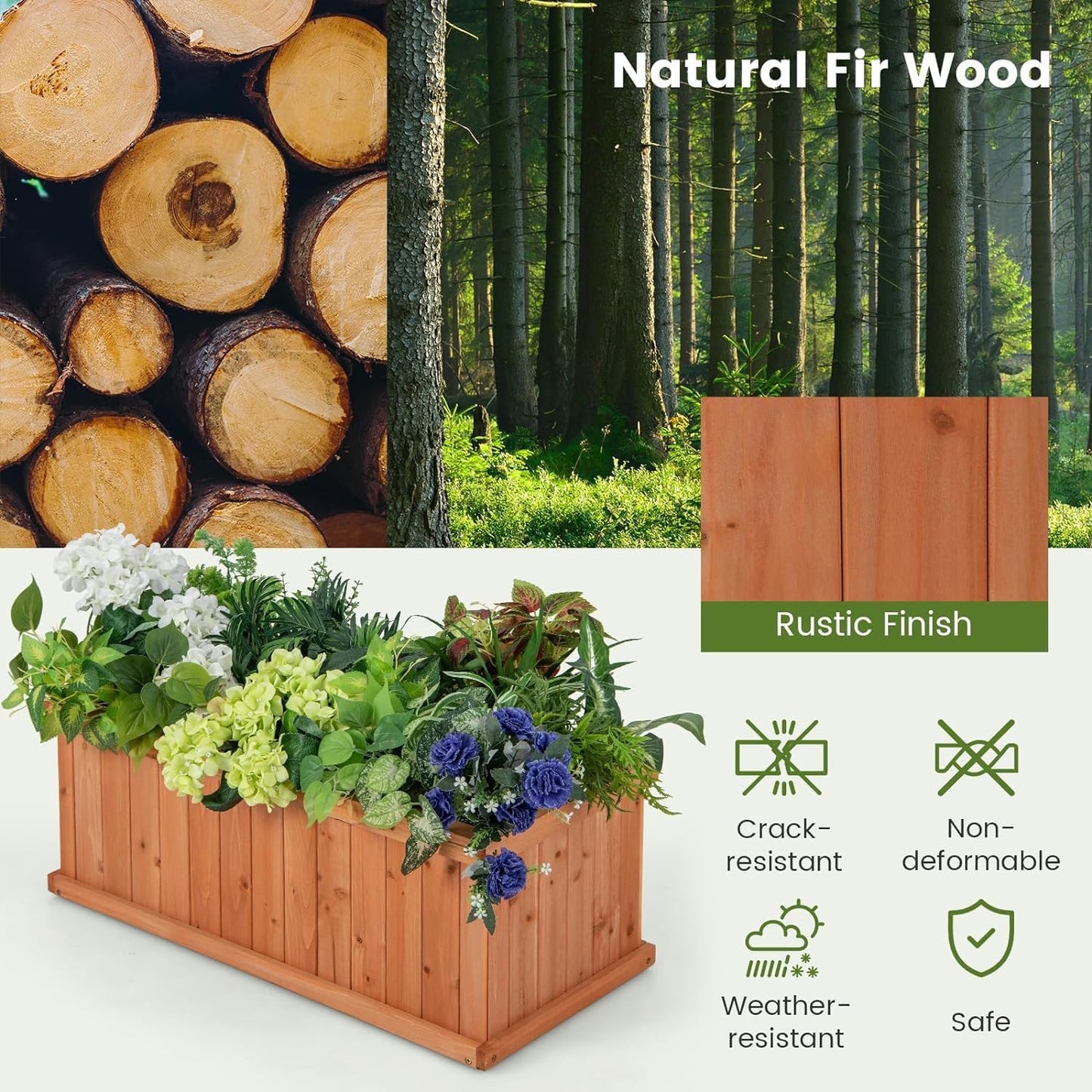 LDAILY Raised Garden Bed, Outdoor Rectangle Flower Beds with 4 Detachable Bottom Panels & Drainage Holes, Wood Planter Box for Flowers/Vegetables/Herbs in Backyard Patio