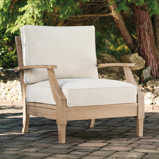 Signature Design by Ashley Carter Hall Outdoor Eucalyptus Patio Lounge Chair with Cushion, Beige