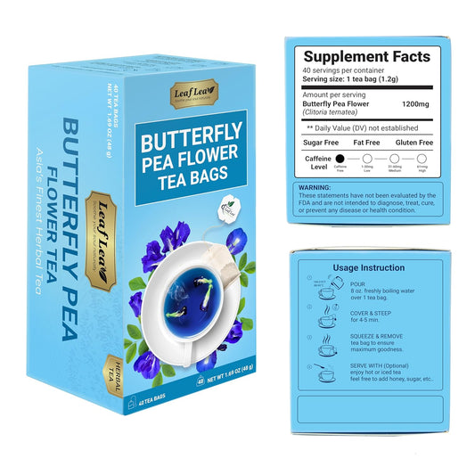 LeafLea 40 Butterfly Pea Flower Tea Bags, Herbal Flower Tea for Relaxation, Mocktails, and Natural Food Coloring, Caffeine-Free, Sugar-Free, Non-GMO