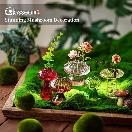 Glasseam Mushroom Glass Planter, Set of 5 Colored Plant Propagation Station, Mini Terrarium for Plants, Unique Small Glass Vase for Flowers, Cute Hydroponic Indoor Planters Gifts for Women Room Decor