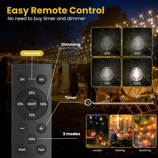 100FT Solar String Lights Outdoor Waterproof with Remote, G40 Solar Powered String Lights with 30+2 LED Shatterproof Bulbs, Dimmable Solar Patio Hanging Lights for Outside Backyard Party