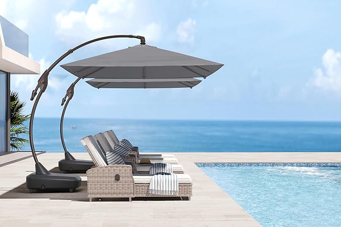 Grand patio 9x12 FT Cantilever Umbrella with Base & Cover Outdoor Aluminum Rectangle Offset Umbrellas Canopy for Pool Yard (Gray, 9x12 FT)