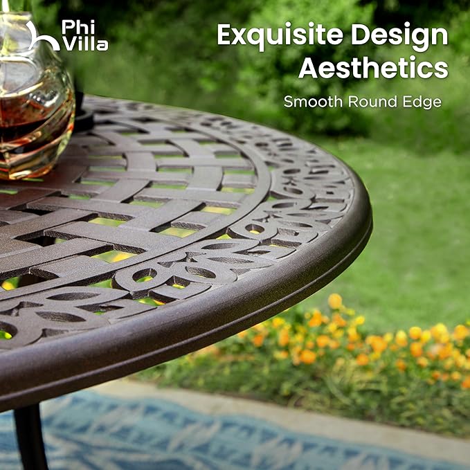 PHI VILLA Patio Dining Set for 6 Person, 7 Piece Cast Aluminum Outdoor Table Chair Set with 54" Dia Cast-Top Aluminum Table(2.1" Umbrella Hole) and 6 Extra Wide Dining Chairs with Seat Cushions