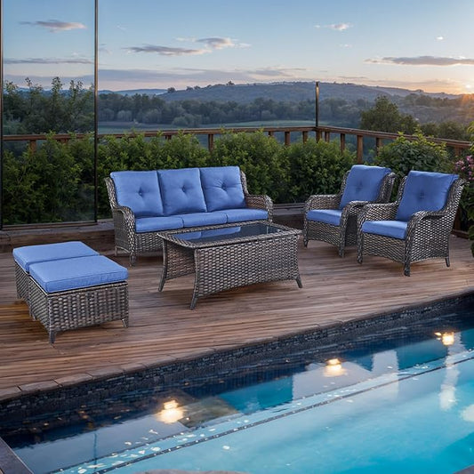 Rilyson Outdoor Patio Wicker Furniture Set - 6 Piece Rattan Patio Conversation Sectional Sofa Set with 1 Couch,2 Armchairs,2 Ottomans and 1 Glass Top Coffee Table for Porch Deck Garden(Brown/Blue)