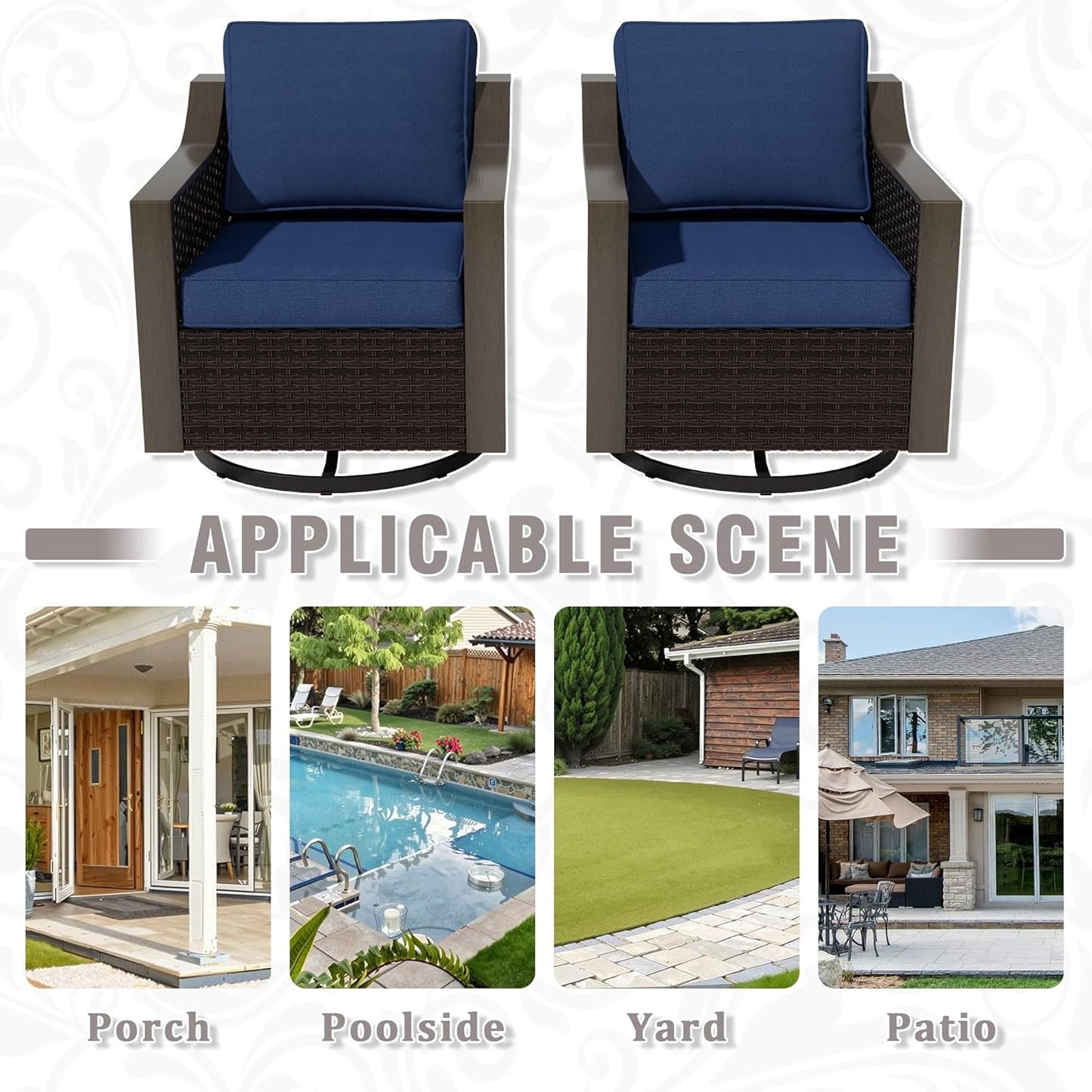 Outdoor Wicker Swivel Chair Set of 2, All-Weather Use Patio Rattan Chair with Removable Water-Resistant Cushion, Ideal for Porch, Backyard, Balcony, Poolside, Blue