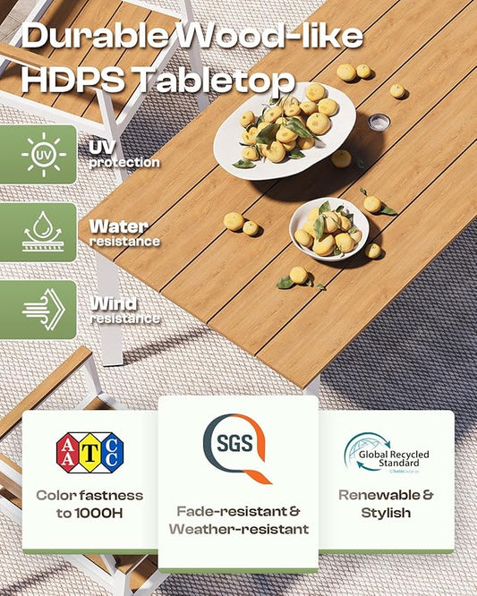 Outdoor Dining Set for 4, Patio Table and Chairs Set with Umbrella Hole, 5 Pieces HDPS Outdoor Furniture Sets for Patio, Garden, Backyard (White & Teak)