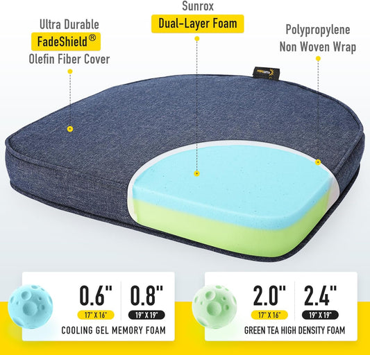 SUNROX Gel Memory Foam Chair Cushions, FadeShield Water-, Stain-Resistant Durable Reversible Seat Cushion Pads with Ties for Indoor/Outdoor Kitchen Dining Office, 19"x19", Set of 4, Heather Indigo
