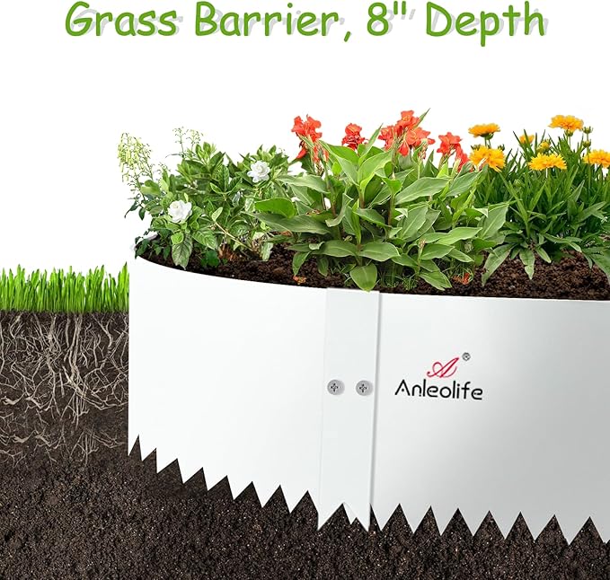 A ANLEOLIFE 6 Pack 40" LX 8" H Galvanized Steel Garden Landscape Edging, Bendable Hammer-in Metal Lawn Border with Gloves and 10 Stakes (20FT Total) (8 inch Tall, Antique White)