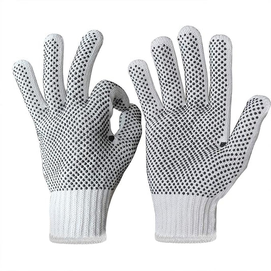 Evridwear Cotton Polyester String Knit Shell Safety Protection Work Gloves for Painter Mechanic Industrial Warehouse Gardening Construction Men & Women 12 Pairs, With Two Side dots, L Size