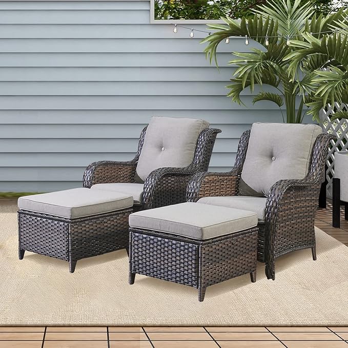 Rilyson Wicker Patio Furniture Set - 4 Piece Rattan Outdoor Sectional Conversation Sets with 2 Chairs and 2 Ottomans for Porch Deck Garden(Brown/Grey)