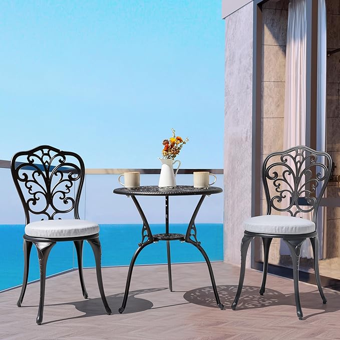 NUU GARDEN Bistro Set 3 Piece Outdoor All Weather Cast Aluminum Patio Bistro Set Patio Table and Chairs Set of 2 with Umbrella Hole and Gray Cushions for Backyard, Balcony, Lawn, Black