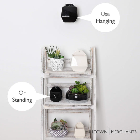 Milltown Merchants Succulent Wall Planters - Wall Vases - White Ceramic Wall Mounted Planters - Succulent Plant Pots - Hanging Vases for Living Wall (1 Pack/Contemporary/Black)