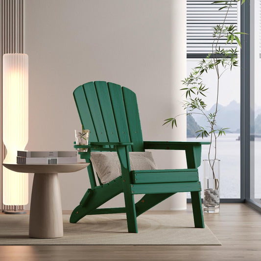 Folding Adirondack Chair - Extended Ergonomic Backrest, Cup Holder - Easy Assembly - Durable HDPE Plastic, Weather Resistant & Maintenance-Free - Lawn, Patio, Deck Supports 380lbs Green