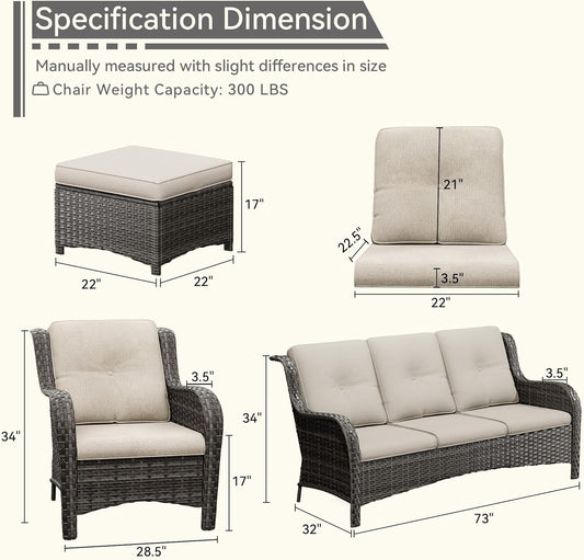 Patio Conversation Set 5-PCS Wicker Outdoor Furniture Conversation Set with 3-Seat Sofa, 2 Armchair, 2 Ottoman Patio Rattan Wicker Sectional Sofa Set with Olefin Cushion, Beige