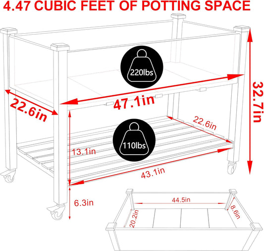 MUPATER 4 x 2 Raised Garden Bed, Elevated Garden Bed with Drainage Holes, Planter Box with Four Wheels and Legs for Herbs and Vegetables, Greenhouse, Garden, Farm, Gray