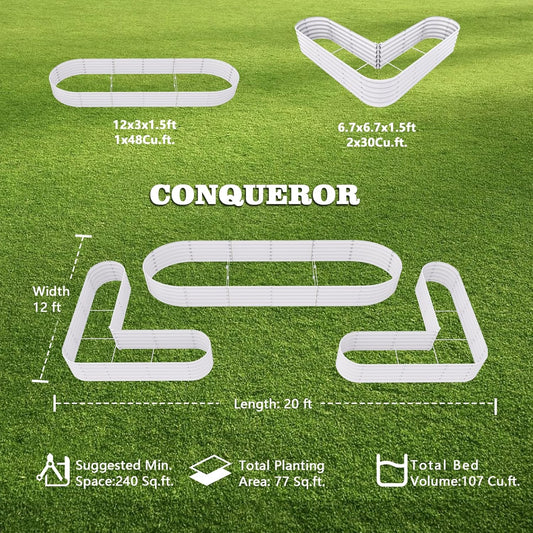 A ANLEOLIFE 3-Pack 12X3X1.5ft & 81x81x18 in Deep Root Galvanized Raised Garden Beds Outdoor for Planting Vegetables Flowers Herb, Antique White