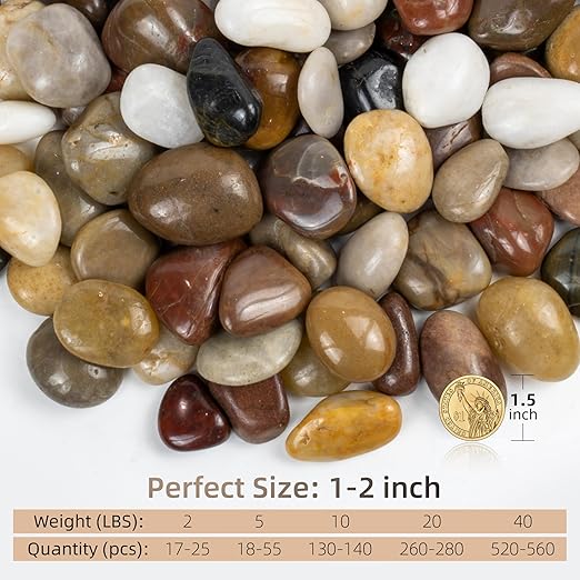 River Rocks 20lbs, 1-2Inch Mixed Color Natural Pebbles for Plants, High Polished Decorative Stones for Aquarium Vase Filler Fish Tank Landscaping Garden