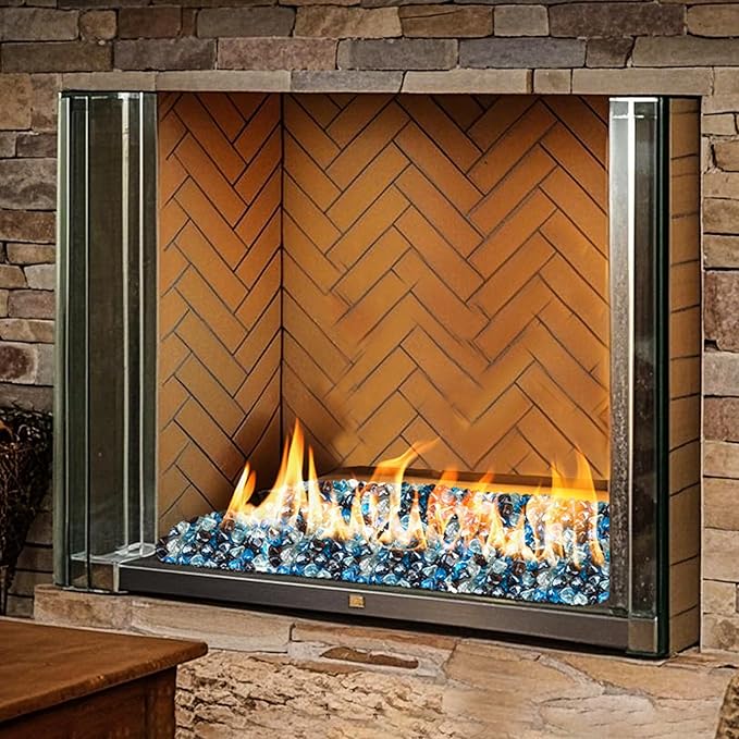 Skyflame 10-Pound Blended Fire Glass Diamonds for Fire Pit Fireplace Landscaping, 1/2 Inch Caribbean Blue, Crystal Ice, Amber Luster