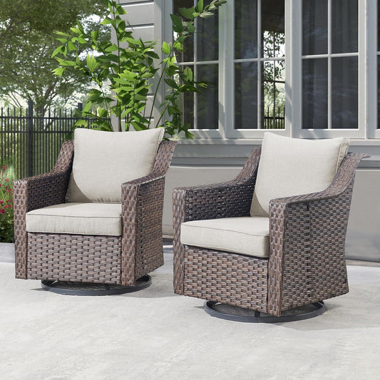 Outdoor Patio Wicker Swivel Chairs - Set of 2 Outside Resin Rattan Rocker Glider Gliding Chair Rocking Armchairs for Front Porch Balcony Backyard Yard Deck Poolside Apartment – Brown/Beige