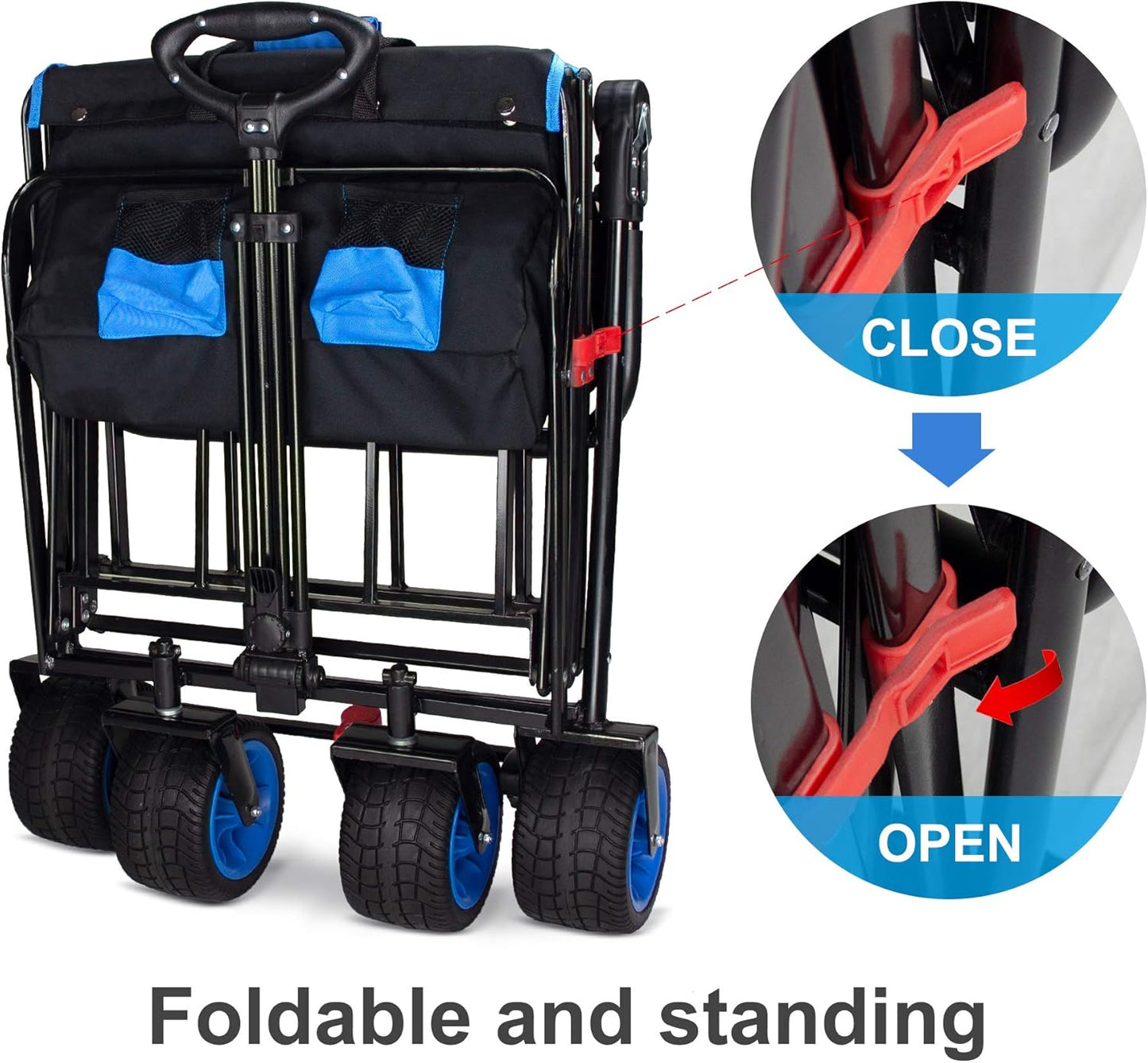 TMZ All Terrain Wide Wheel Utility Folding Wagon, Collapsible Garden Cart, Heavy Duty Beach Wagon Trolley with Adjustable Push Handle and Brake, 90 L Storage, Load of 120KG(Black/Blue)