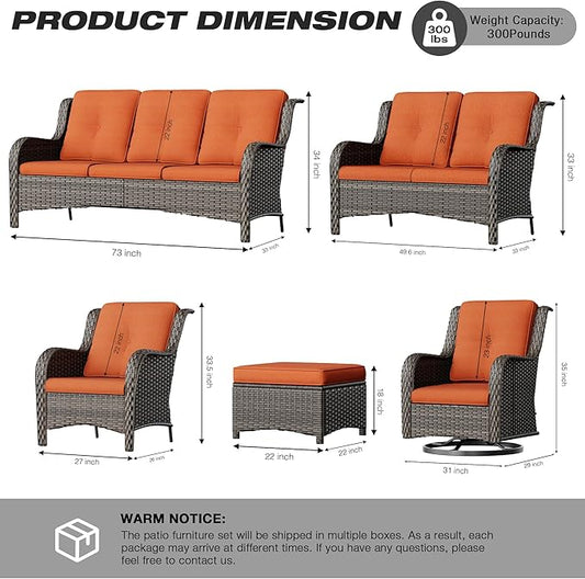 Joyside Patio Furniture Set 5-Piece Wicker Outdoor Furniture Conversational Set with 3-Seat Sofa, 2 Armchairs, 2 Ottoman Patio Rattan Wicker Sectional Sofa Set with Olefin Cushions(Mixed Grey/Orange)
